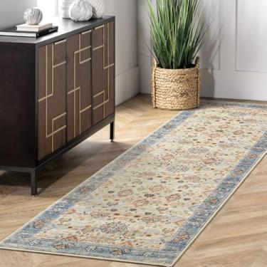 Imagem de Przemy Tapete de corredor para quarto, tapetes laváveis e antiderrapantes de 6 m, pequeno tapete floral para entrada, corredor, cabeceira, sala de estar, azul e bege
