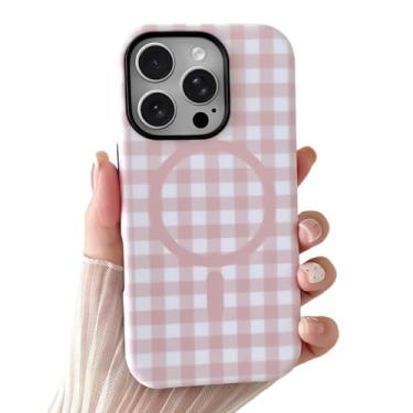 Imagem de SmoBea Capa compatível com iPhone 16 Pro Max, linda capa de telefone xadrez xadrez estética para mulheres, TPU macio à prova de choque e capa protetora traseira de policarbonato rígido, rosa fosco