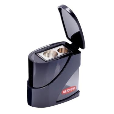 Imagem de Derwent Apontador de lápis manual com furo duplo, lâminas de metal duplo, tamanho compacto, apontador para lápis de cor, preto (2306123)