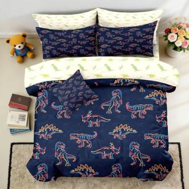 Imagem de Yadangxiawa Jogo de cama queen com dinossauro, 6 peças, para adolescentes, com 1 colcha + 1 lençol de cima + 1 lençol com elástico + 2 fronhas + 1 capa de almofada (D-dinossauro queen)