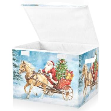 Imagem de Blueangle Cestos de armazenamento de renas de Papai Noel com tampas, 42 x 32 x 30 cm, grande cesta organizadora dobrável para decoração de escritório e armário (237)