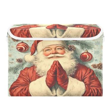 Imagem de SEHANY Linda caixa de armazenamento de Papai Noel de Natal com tampas e alças, organizador de cestas de armazenamento de tecido dobrável, caixas de armazenamento de cubos grandes para roupas, cobertor
