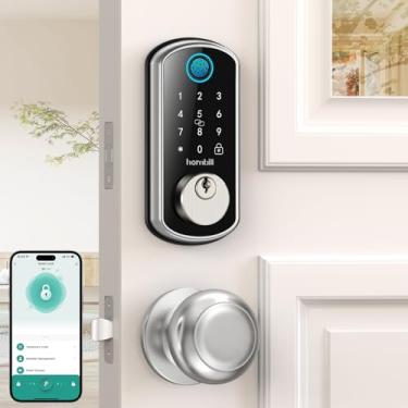 Imagem de Fechadura de porta inteligente WiFi: fechadura de porta de entrada sem chave Hornbill com alça, fechadura inteligente de impressão digital com 2 maçanetas, controle remoto Alexa Bluetooth, bloqueio