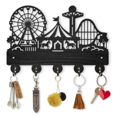 Imagem de MAYJOYDIY Suporte de chave de madeira para parque de diversões, rodinhas, cabide de chave para parede, circos de 29 x 19 cm, suporte de parede decorativo com 5 ganchos de liga para entrada, cozinha