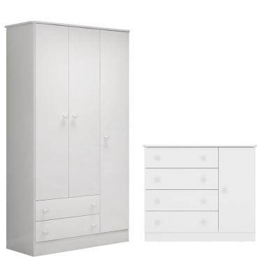 Imagem de Guarda Roupa 2617 e Cômoda Infantil 2561 Doce Sonho Branco Brilho – Qmovi