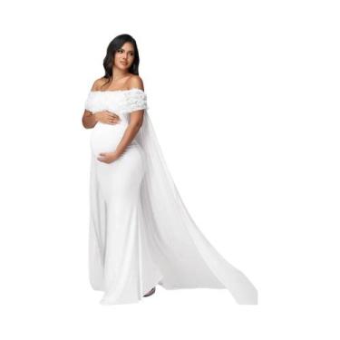 Imagem de Vestido Maxi Floral De Maternidade Com Ombros À Mostra E Capa De Malha