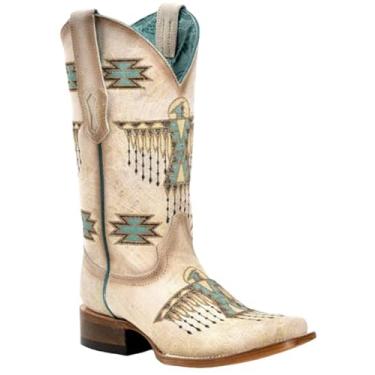 Imagem de Corral Boots Botas femininas brancas feitas à mão | Botas caubói de bico quadrado com design bordado de águia, Branco, 37