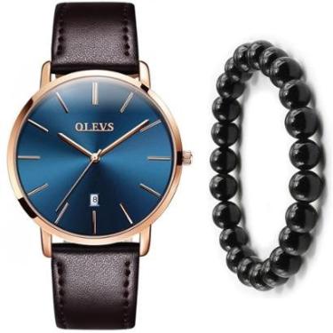 Imagem de Relógio Slim Masculino Em Couro Quartzo + Pulseira Bolinha-Masculino