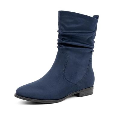 Imagem de VJH confort Botas femininas de cano médio, bico redondo amêndoa, salto baixo, confortável, botas despojadas, Azul marino, 40