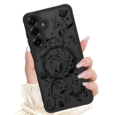 Imagem de SAKUULO Capa magnética para Samsung Galaxy S25 Plus de 6,7 polegadas, compatível com Magsafe linda borboleta preta padrão floral proteção de câmera de silicone fosco translúcido capa de telefone para