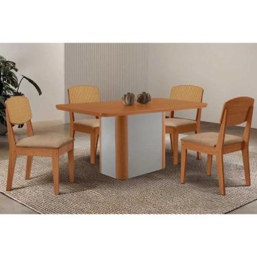 Imagem de Conjunto: Mesa Sala Jantar Pietá Tampo Curvo 120cm+4 Cadeiras Havana Naturale/Off White - Linho Bege - Rufato