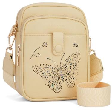 Imagem de Bolsa transversal feminina de couro, bolsa tiracolo pequena, carteira para celular com alça ajustável e compartimentos para cartão, 07 - Amarelo, 5" L x 1.2" W x 7.8" H, Borboleta