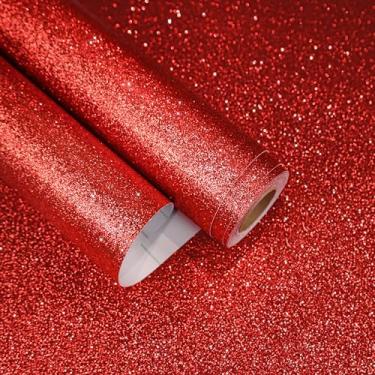 Imagem de EaseStick Papel de parede brilhante vermelho brilhante para contato com glitter adesivo 39.9 cm x 406.4 cm papel de parede vermelho de tecido brilhante para cômoda de quarto, armários artesanais