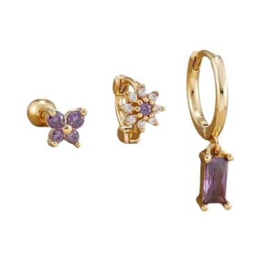 Imagem de Conjunto De Brincos De Argola Com Flor De Zircônia Banhados a Ouro 14K