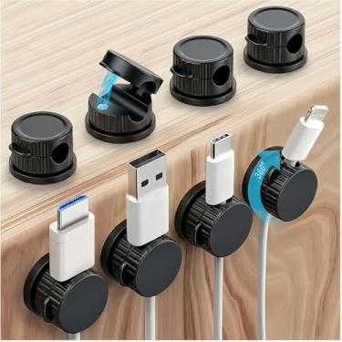 Imagem de Organizador de cabos magnéticos, pacote com 8, preto brilhante, clipe magnético giratório para mesa, mesa de cabeceira e carro, sistema de gerenciamento de adesivo para USB e fios de alimentação