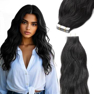 Imagem de Lacer Extensões de cabelo humano com fita adesiva para mulheres negras ondas naturais 55 cm fita preta natural em extensões de cabelo de trama para mulheres negras 50 g 20 peças