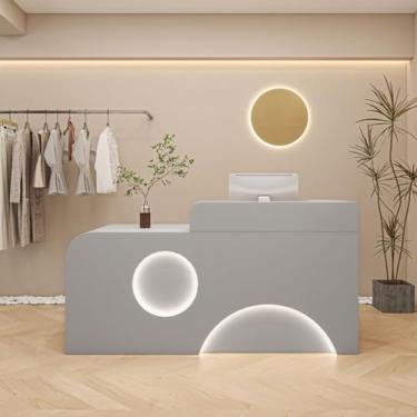 Imagem de Mesa de boas-vindas moderna com gaveta bloqueável e bandeja de teclado - Balcão de caixa frontal para salão, escritório e lobby - Mobiliário de recepção cinza branco elegante (120 x 60 x 100 cm)