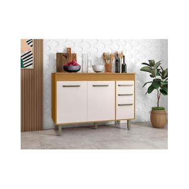 Imagem de Balcão de Cozinha Poliman Malta 120cm 3 Portas 2 Gavetas com Tampo Freijó Off White