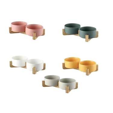 Imagem de Comedouro e Bebedouro Duplo Elevado Cerâmica 400ml com Suporte de Madeira para Gatos e Cães(Verde Escuro)