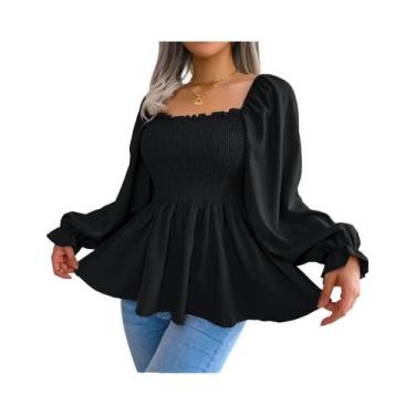Imagem de Blusa De Chiffon Feminina Com Mangas Longas E Rendas, Top Peplum Em Co