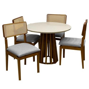 Imagem de Mesa de Jantar Berlim 100cm Redonda com Vidro e 4 Cadeiras Canada em Linho Madeira Cel Móveis Cor Cinamomo Off White com Tecido Cinza