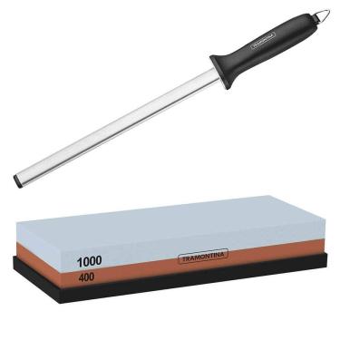 Imagem de Kit Pedra Afiar Faca E Chaira Diamantada em Inox 10" Tramontina Profissional