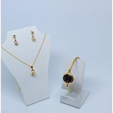 Imagem de Kit Relógio Feminino Bracelete aço Inox Quartzo Ajustável Luxo + Conjunto Colar e Brincos Folheado antialérgico Dourado