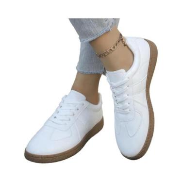 Imagem de Tênis Esportivos Casuais Femininos Brancos Com Cadarço, Corte Baixo, R