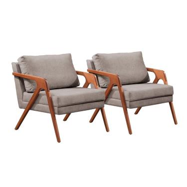 Imagem de Conjunto 2 Poltronas Mona Luxo Madeira Maciça Linho Cinza Espuma Soft Cinza Castellar Móbile