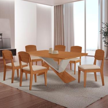 Imagem de Mesa De Jantar Yasmin Tampo Laminado Canto Copo E 6 Cadeiras Veludo Creme/naturale/off White