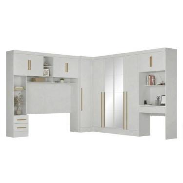 Imagem de Guarda-roupa Modulado 4 Peças 11 Portas com Espelho, Cabeceira até 158cm e Escrivaninha Branco