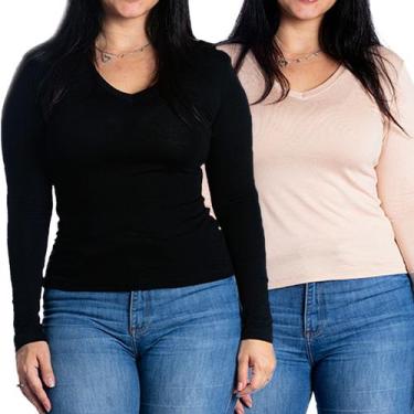 Imagem de Kit 2 blusas feminina manga comprida segunda pele inverno gola v - Mar