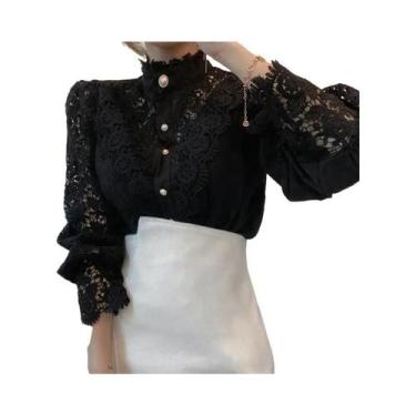 Imagem de Camisa Elegante De Renda Para Mulheres Com Gola Alta E Manga Em Forma 