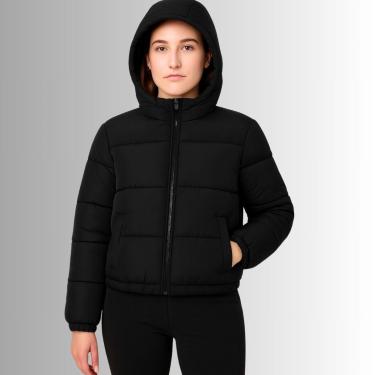 Imagem de Jaqueta Puffer Feminina Preta com Capuz Quente e Confortável Cereja Rosa-Feminino