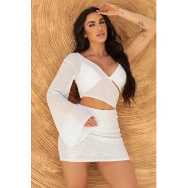 Imagem de Vestido Curto Um Ombro Manga Em Tule E Saia Paete Cor:BrancoTamanho:P 
