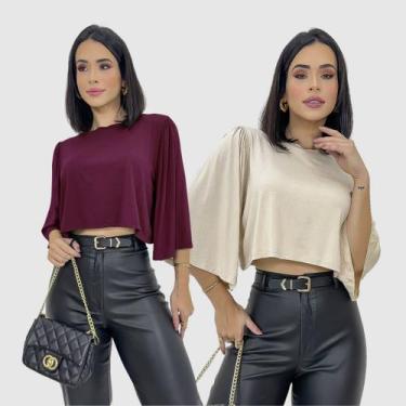 Imagem de Kit 2 Cropped Blusa Manga Curta Flare Soltinha Blogueira - SWISS BOUTI