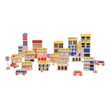 Imagem de Brinquedo Educativo Blocos Construindo Cidades 85 Peças de Madeira Sonho de Criança