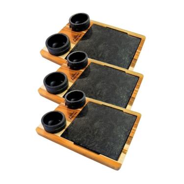 Imagem de Kit 3 Tábuas com 6 Molheiras em Pedra Sabão e Suporte P 20x20cm Antiaderente para Churrasco Industria São Jose
