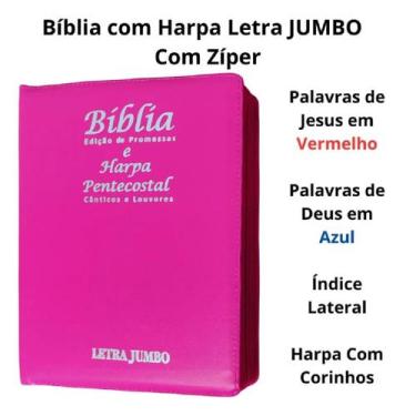 Imagem de Bíblia sagrada  letra jumbo  harpa  arc  índice  com ziper  capa de lu