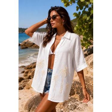 Imagem de Chemise Bata Feminina Saída De Praia Oversized Bordada Coqueiros Taman