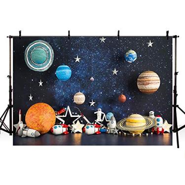 Imagem de MEHOFOND 2,1 x 1,5 m Pano de fundo para fotografia no espaço sideral universo planeta estrela galáxia astronauta foguete decoração de festa de aniversário menino retrato retrato adereços bandeira