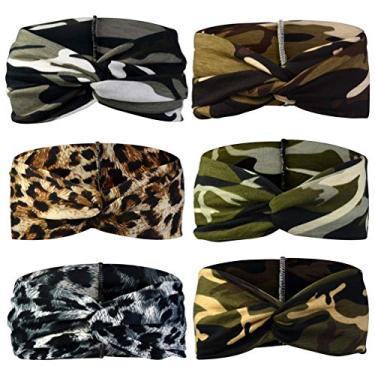Imagem de 6 faixas de cabelo camufladas com laço elástico e cabeça de leopardo turbante, acessórios de cabelo com nó para mulheres, meninas, corrida, esportes, viagens
