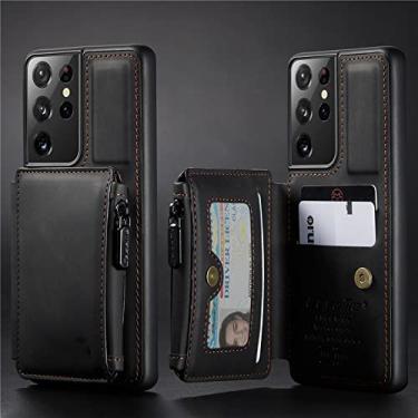 Imagem de Capa de couro flip vintage para Samsung Galaxy S22 Plus S21 FE S20 Ultra Note 20 10 Zip Wallet Card Slot Phone Case, Preto, para Samsung S20 Ultra