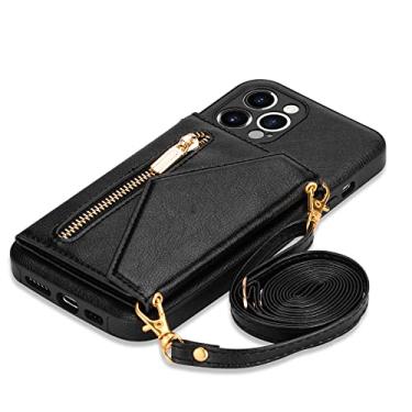 Imagem de Carteira com zíper para iPhone 14 13 12 Mini 11 X XR XS Pro Max 7 8 Plus Case com alça de cordão de cartão Capa de couro transversal, preta, para iPhone 13 Mini