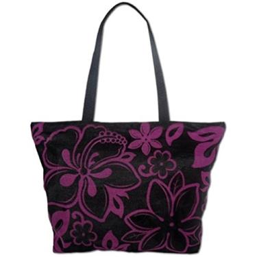 Imagem de Bolsa Sacola de Praia de Malha K Chang Hibiscus Plumeria Preta, Roxa Tamanho Único