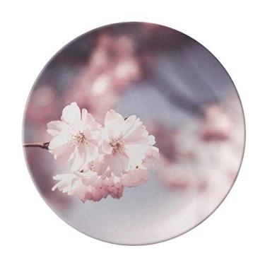 Imagem de Prato decorativo de porcelana com flores dim branco rosa salver talheres, louça de jantar