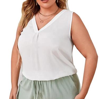 Imagem de Blusas femininas com decote em V colete plus size casual rodada camiseta verão solta chiffon sem mangas camisa plissada tops colete, branco, 5GG