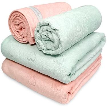 Imagem de Jogo de Banho 4 Peças Romance Dohler Aveludada 100% Algodão Toalha Fio Penteado Coração Borboleta (Verde/Rosa 11561)