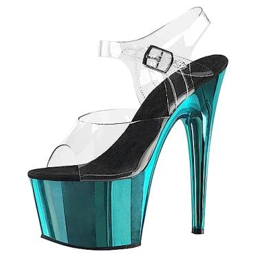 Imagem de Sandálias femininas de salto alto salto agulha plataforma bico aberto tira no tornozelo sapatos vestido festa casamento sapatos escarpim sapatos, azul, pé G: 23,5 cm