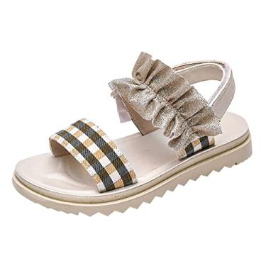 Imagem de Mercatoo Sandálias de verão para meninas pequenas/grandes sandálias de bico aberto com babados padrão listrado PU sandálias sapatos de praia sapatos brancos para, Bege, 1 Big Kid